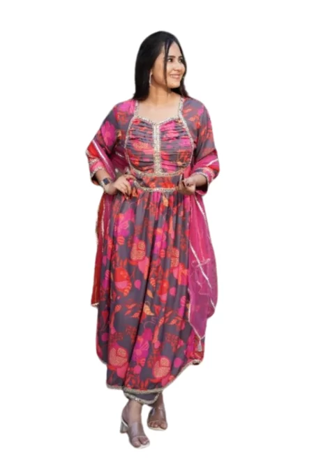 SCARLET STENCIL STEEL ANARKALI SUIT SET