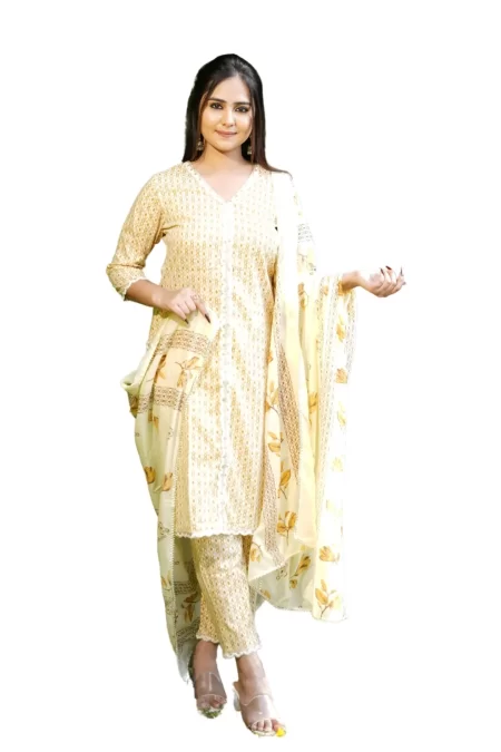 BUTTER CORN BLISS WITH V – NECK & PEARL FLOURISH SUIT SET